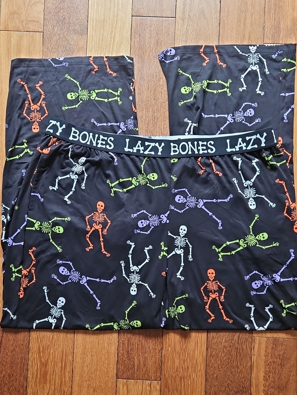 Black Skeleton Print Leggings with 'LAZY BONES' Waistband